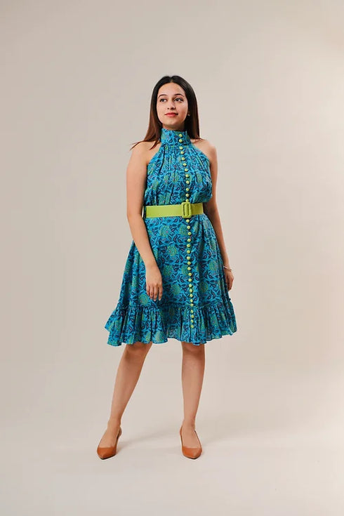 Myra Printed Halter Neck Dress With Belt